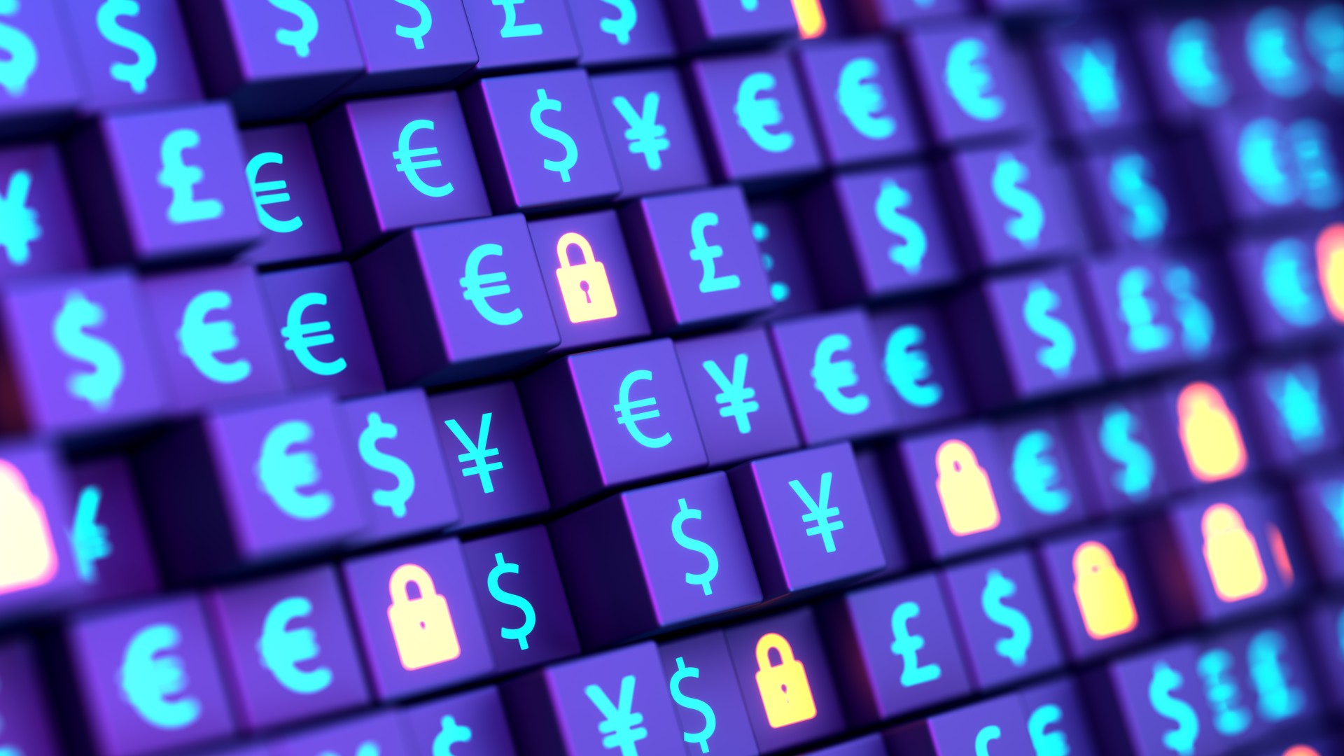 Futuristic currency background. Dollar, euro, pound and yen signs glowing in cubes shape background. Security money concept.